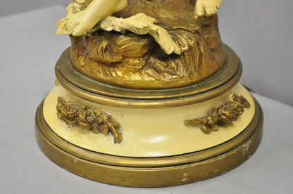 Vintage French L&F Moreau Figural Gold Painted Metal Boy Torchiere Table Lamp