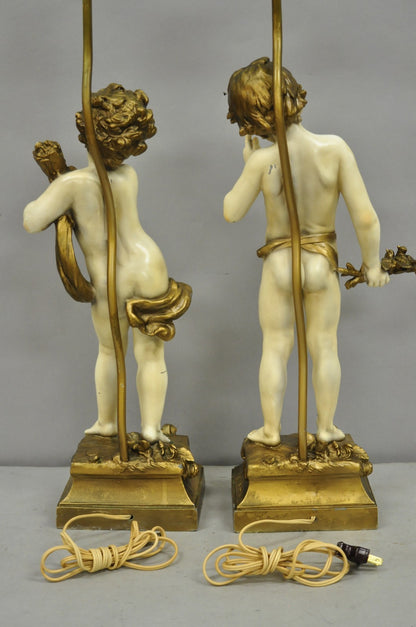 Antique French Moreau Figural Full Cherub Painted Metal Table Lamps - a Pair