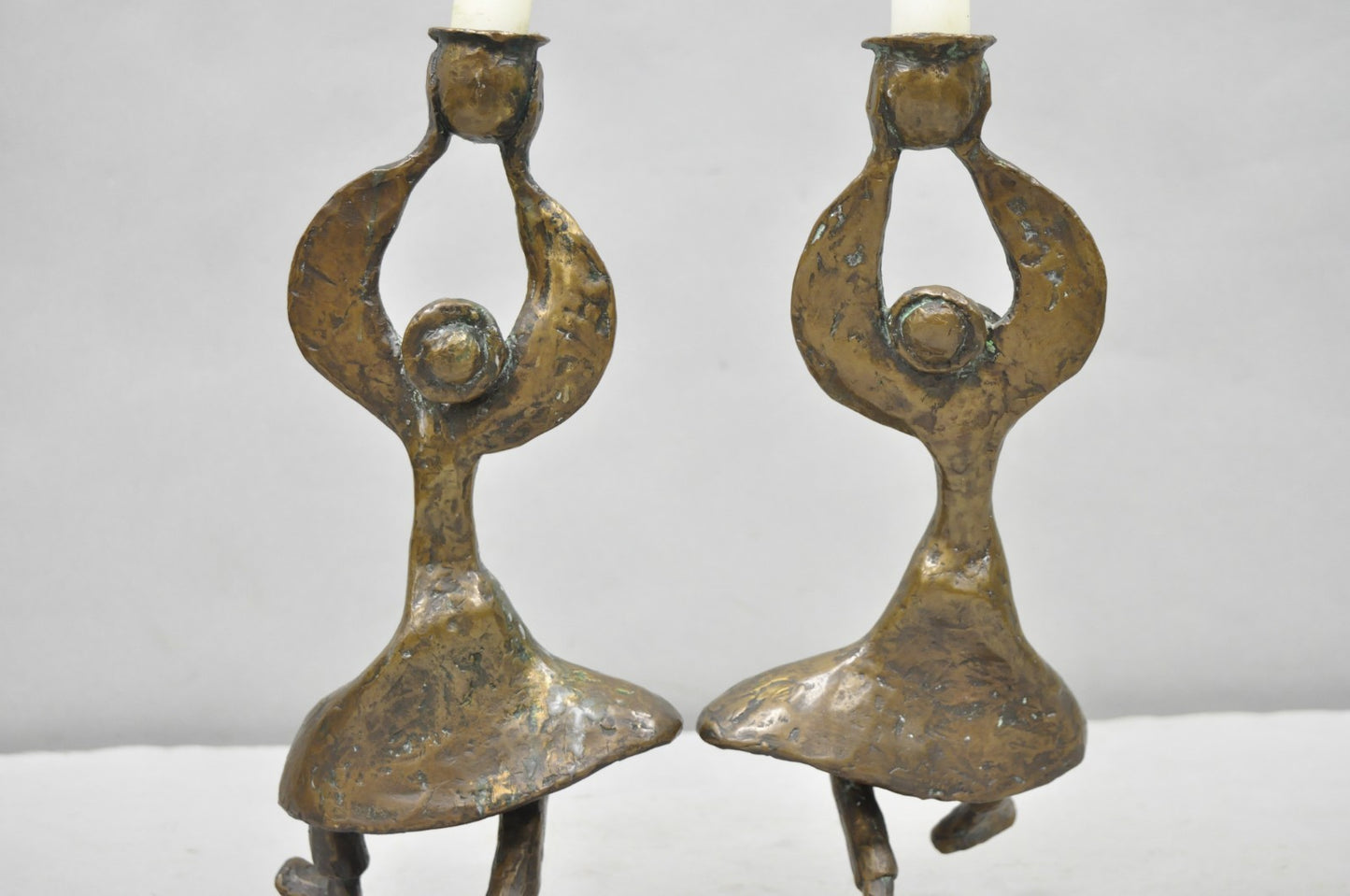 Vintage Brutalist Bronze Figural Dancing Rabbi Judaica Candlesticks - a Pair