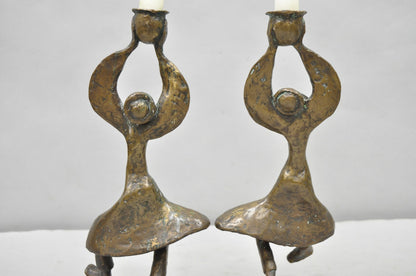 Vintage Brutalist Bronze Figural Dancing Rabbi Judaica Candlesticks - a Pair