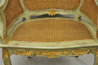 Vintage French Louis XV Style Green Painted Gold Gilt Cane Bergere Arm Chair