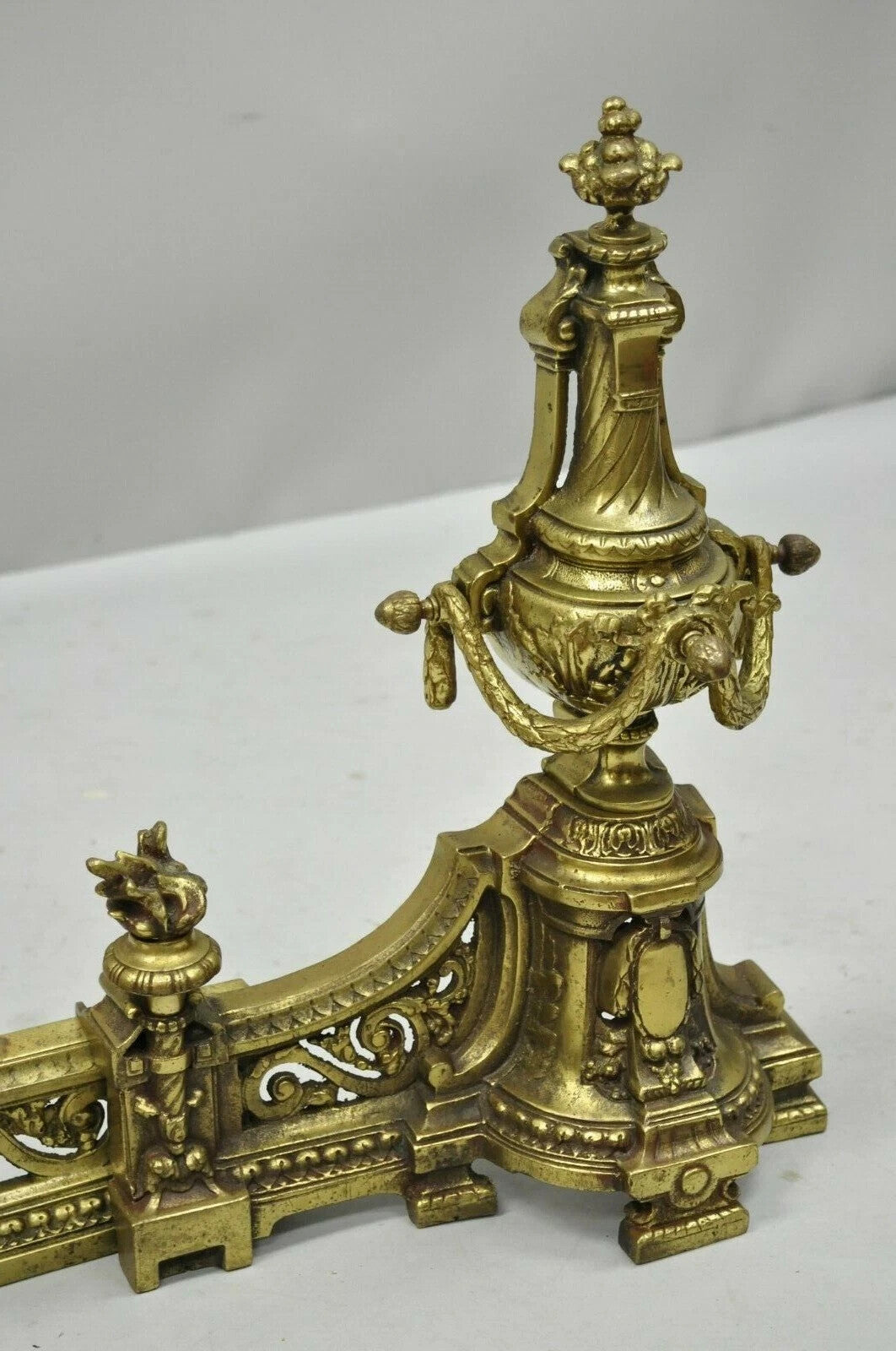 Antique French Louis XVI Brass Bronze Flame Finial Andirons w/ Adjustable Fender