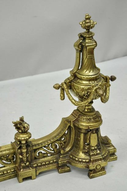 Antique French Louis XVI Brass Bronze Flame Finial Andirons w/ Adjustable Fender