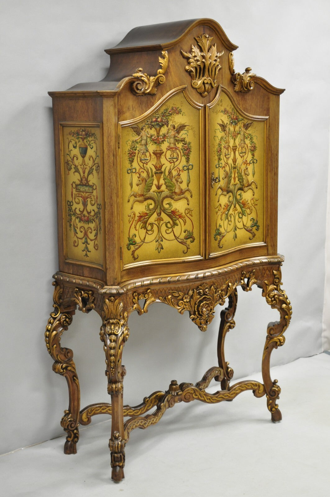 French Rococo Carved Walnut Hand Painted Louis XV Style Blind China Cabinet Bar