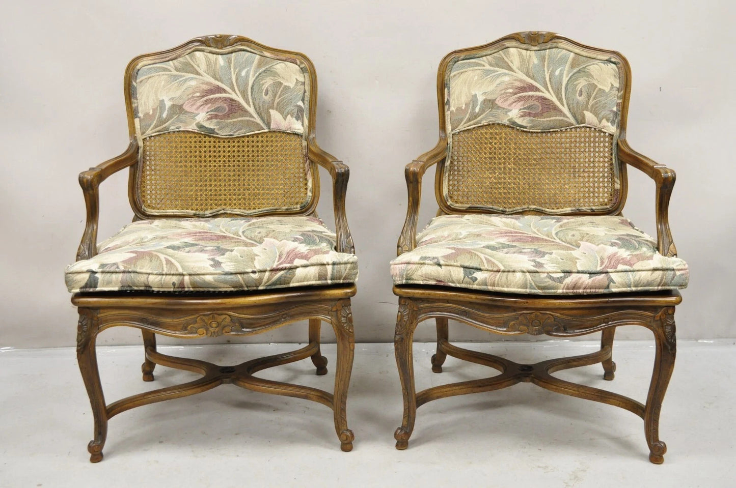 Vintage French Country Louis XV Style Upholstered Cane Lounge Arm Chairs - Pair