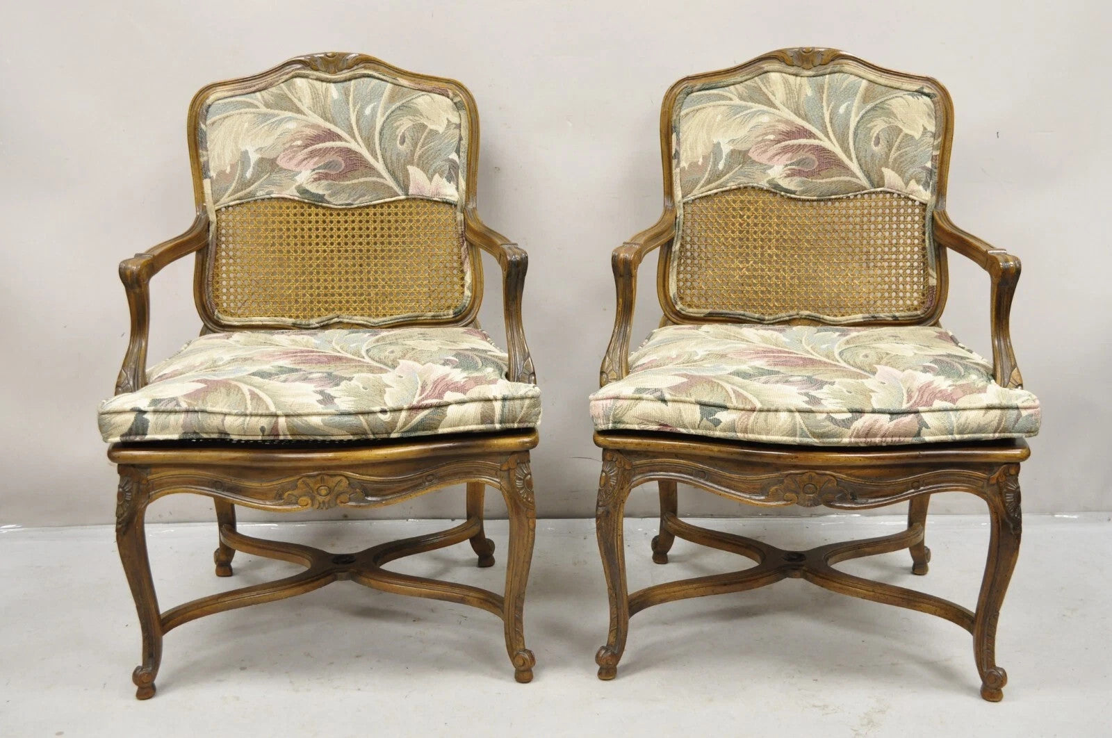 Vintage French Country Louis XV Style Upholstered Cane Lounge Arm Chairs - Pair