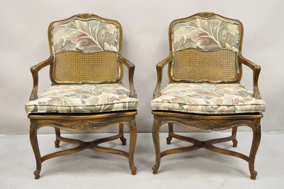 Vintage French Country Louis XV Style Upholstered Cane Lounge Arm Chairs - Pair