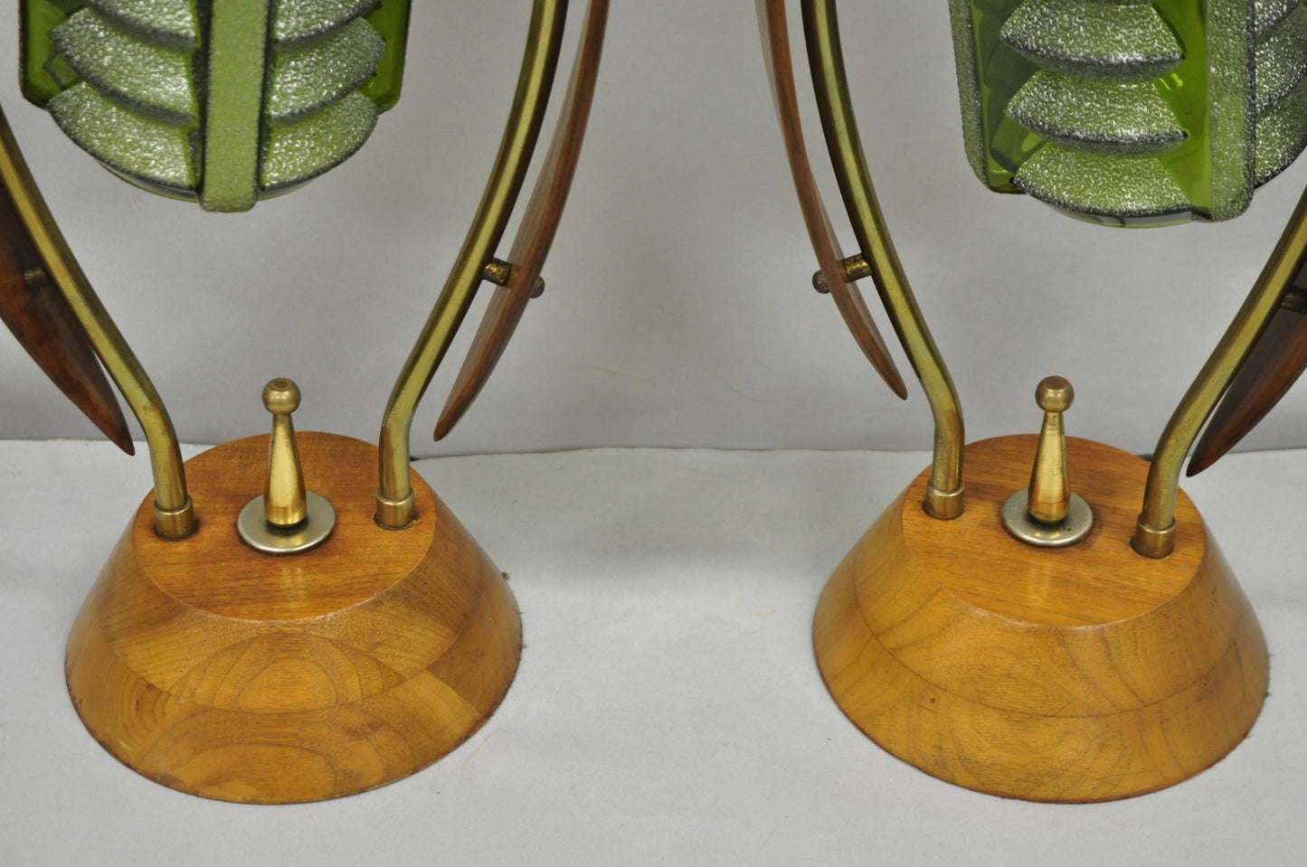 Vintage Mid Century Modern Walnut Tulip Flower Glass Shade Table Lamps - a Pair