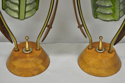 Vintage Mid Century Modern Walnut Tulip Flower Glass Shade Table Lamps - a Pair