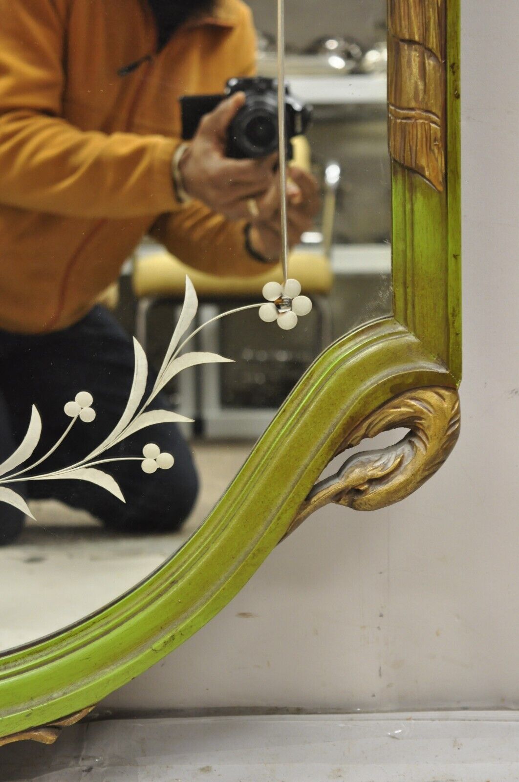 French Louis XVI Style Plume Swan Carved Green Painted Leafy Etched Wall Mirror