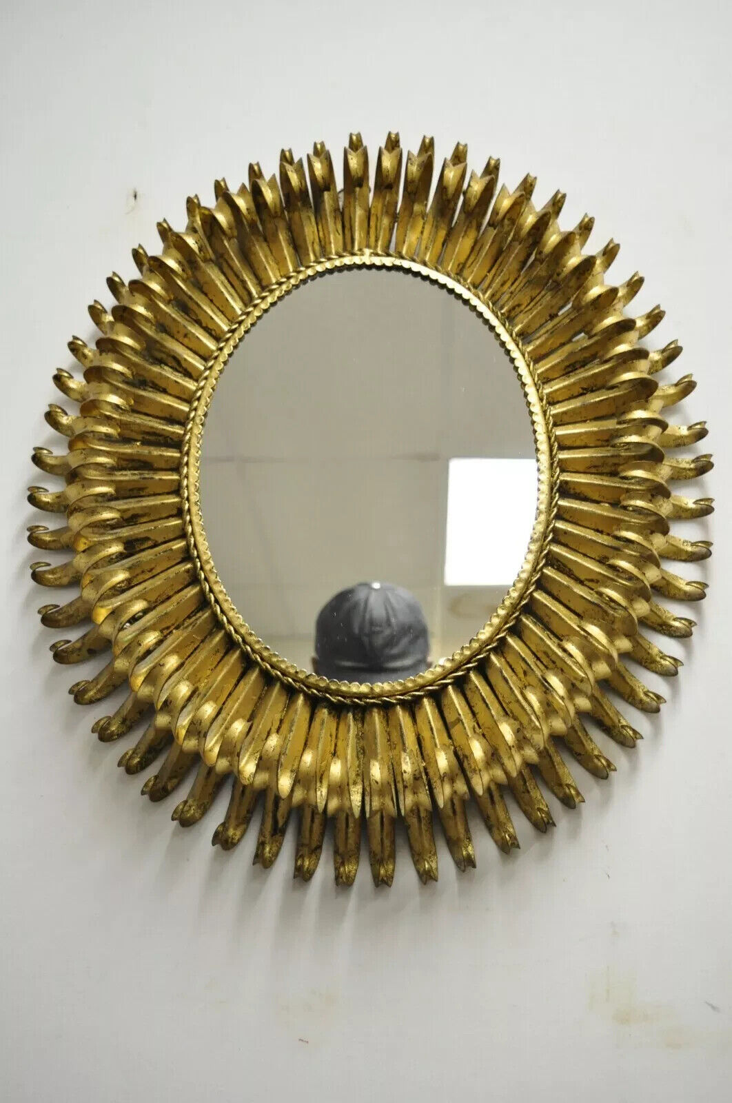 Vintage Italian Hollywood Regency Gold Gilt Iron 24" Oval Sunburst Wall Mirror