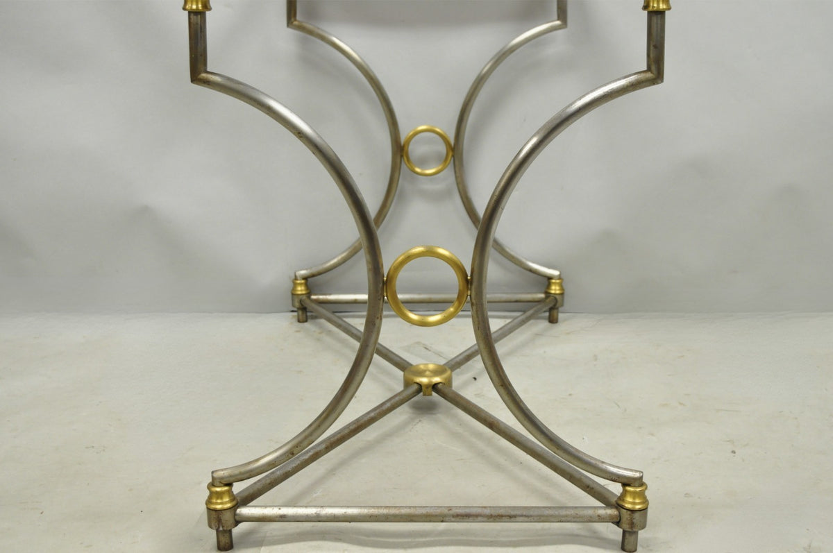 Vintage Directoire Maison Jansen Style Steel & Brass Marble Top Console Table