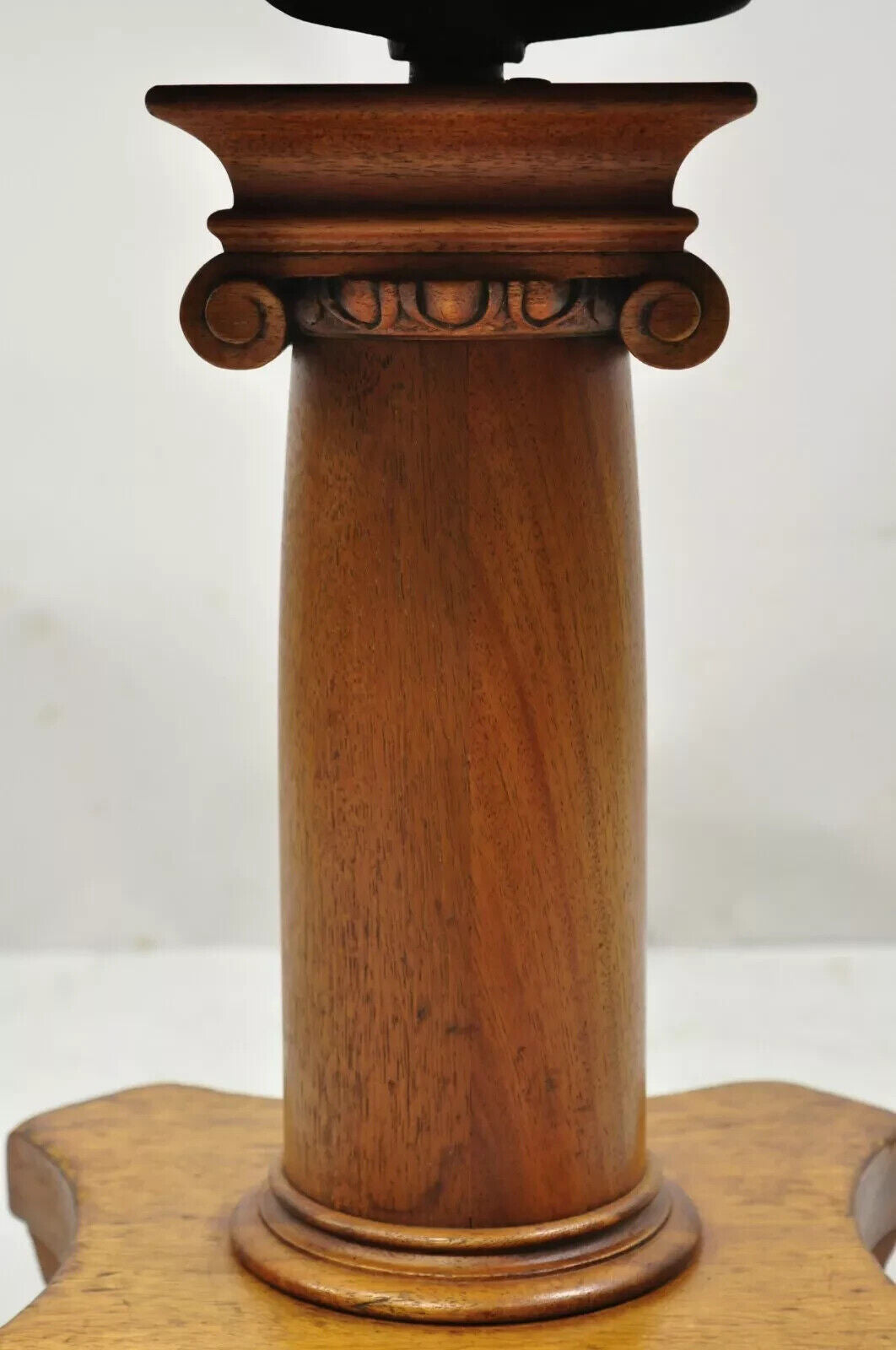 19th C. American Empire Mahogany Carved Column Paw Foot Swivel Leather Stool