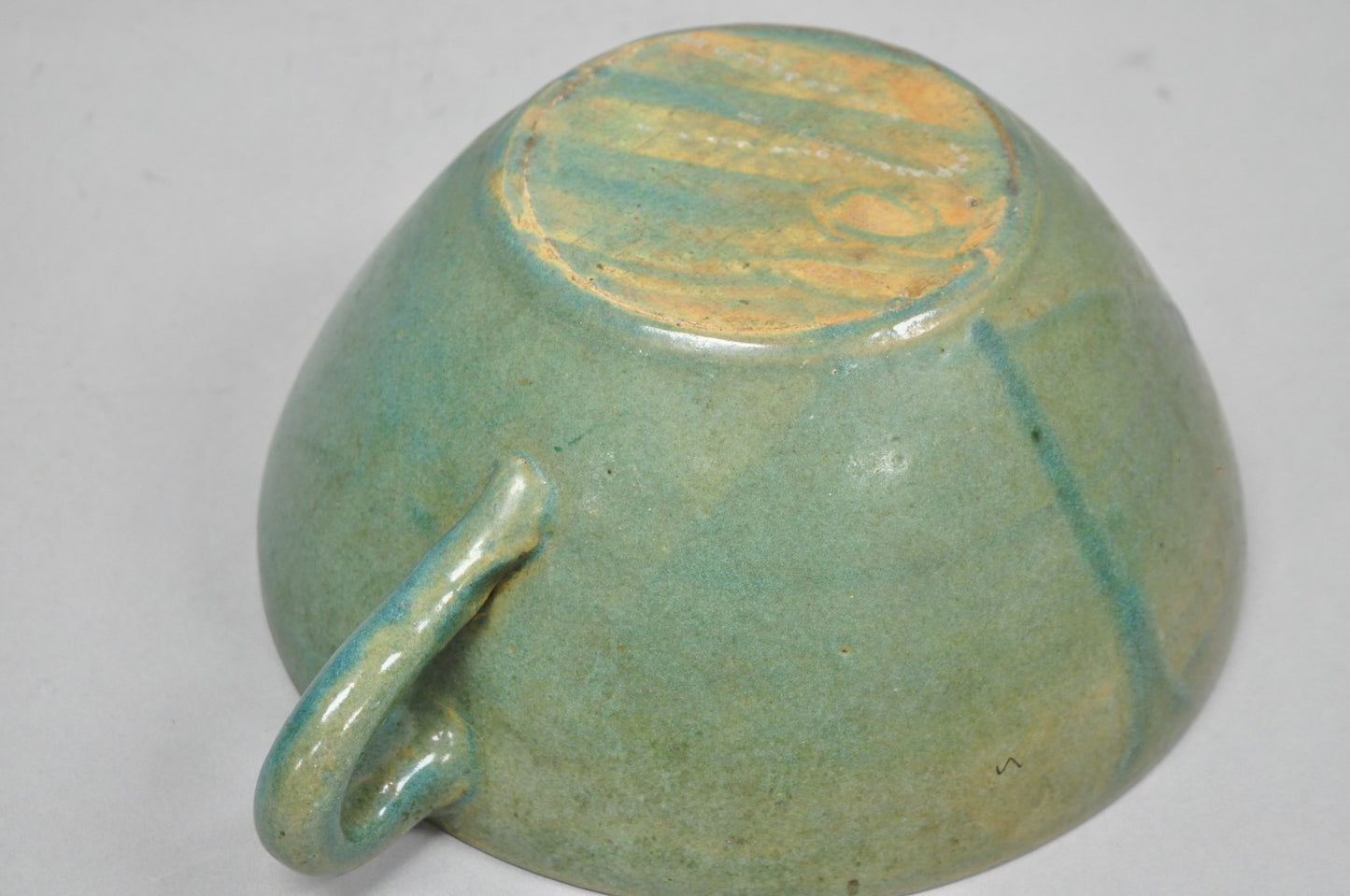 Vintage Primitive Green Glazed Ceramic Pottery Large Mixing Bowl w Handle