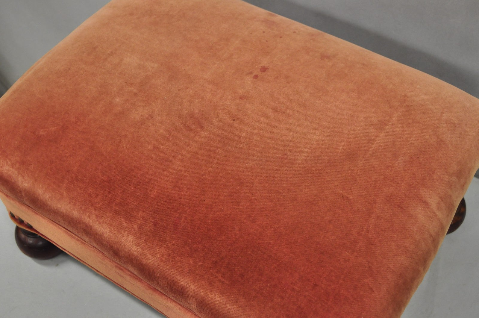 Vintage Jacobean William & Mary Walnut Bun Feet Upholstered Ottoman Footstool