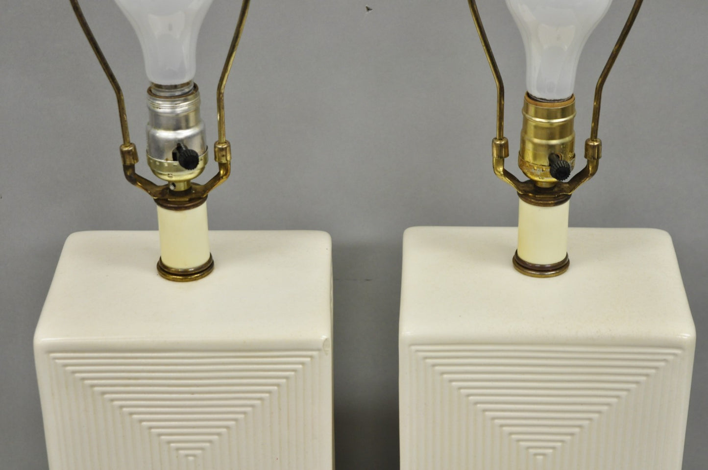 Vintage Mid Century Modern White Geometric Ceramic Cubist Table Lamps - a Pair