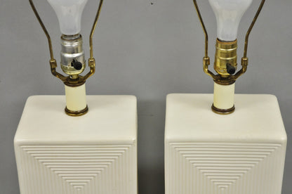 Vintage Mid Century Modern White Geometric Ceramic Cubist Table Lamps - a Pair