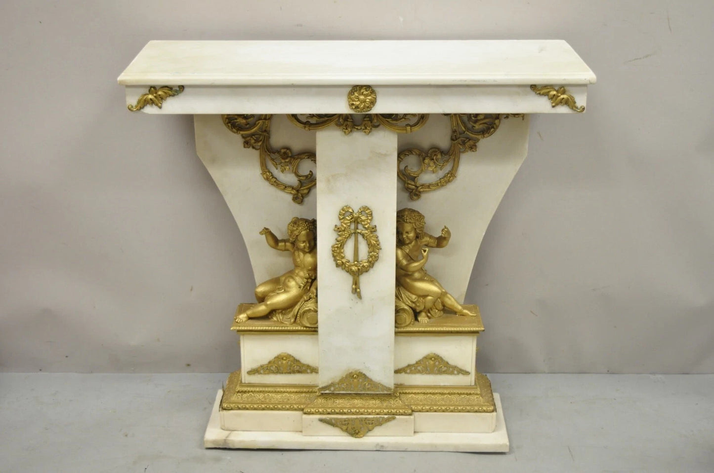 French Louis XV Style Marble & Figural Bronze Ormolu Console Table w/ Cherubs