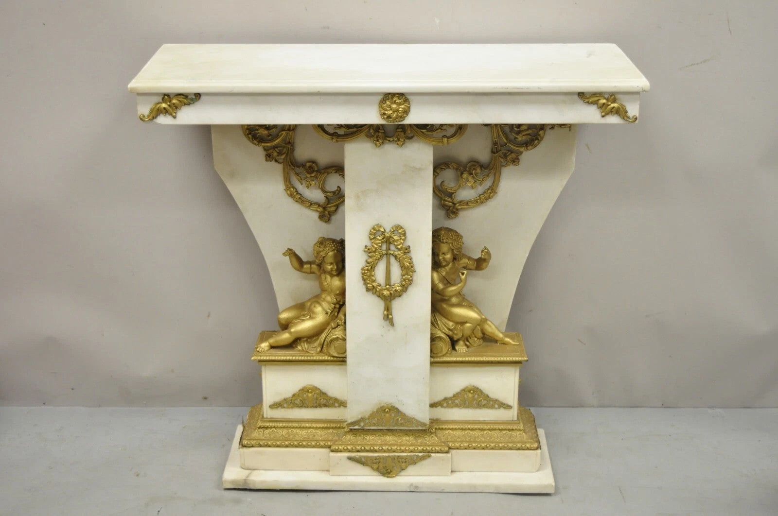 French Louis XV Style Marble & Figural Bronze Ormolu Console Table w/ Cherubs