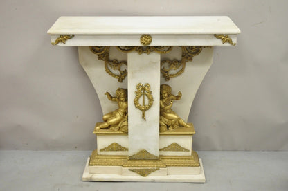 French Louis XV Style Marble & Figural Bronze Ormolu Console Table w/ Cherubs