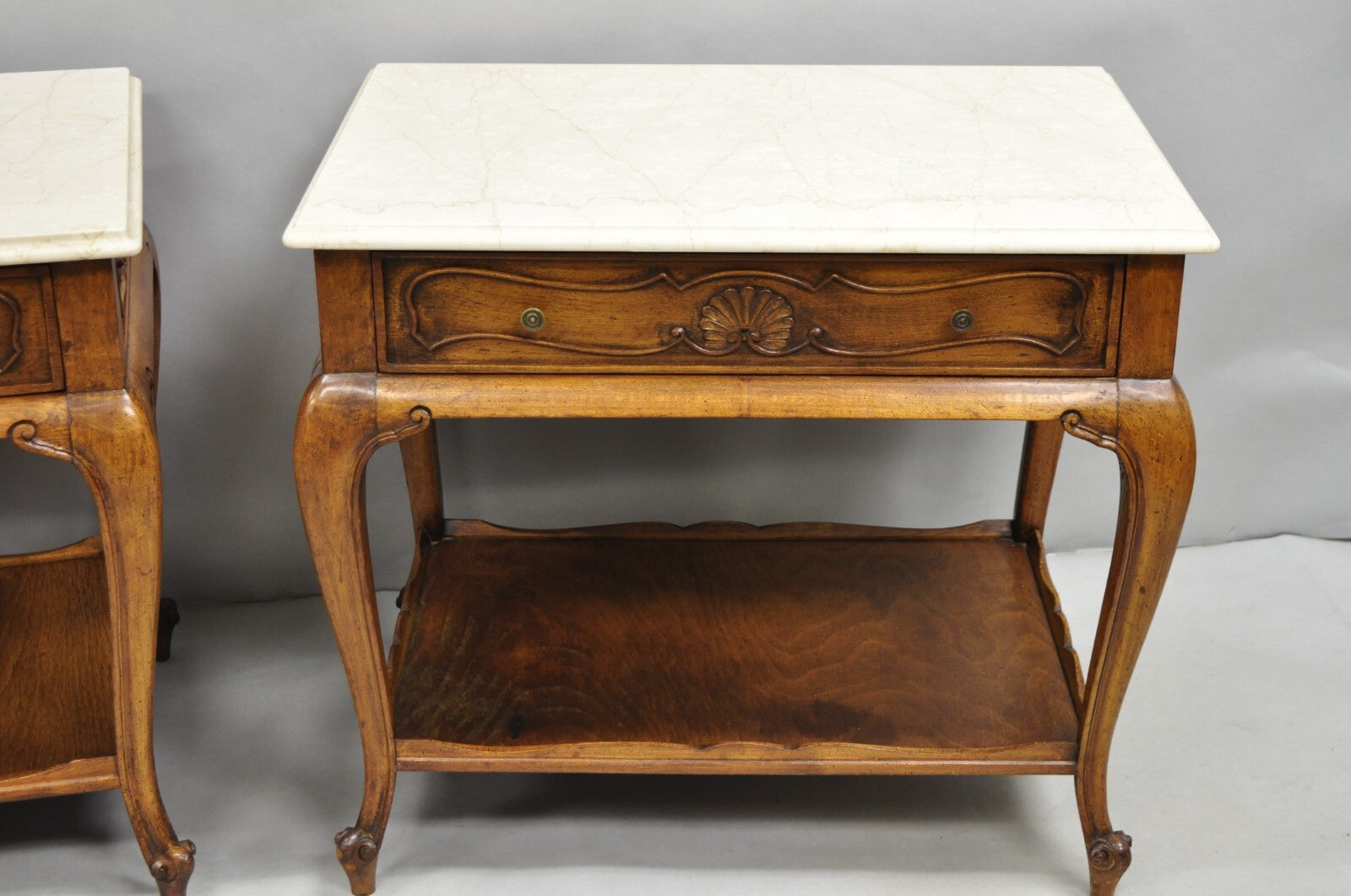 French Country Provincial Rectangle Travertine Marble Top Walnut End Table Pair
