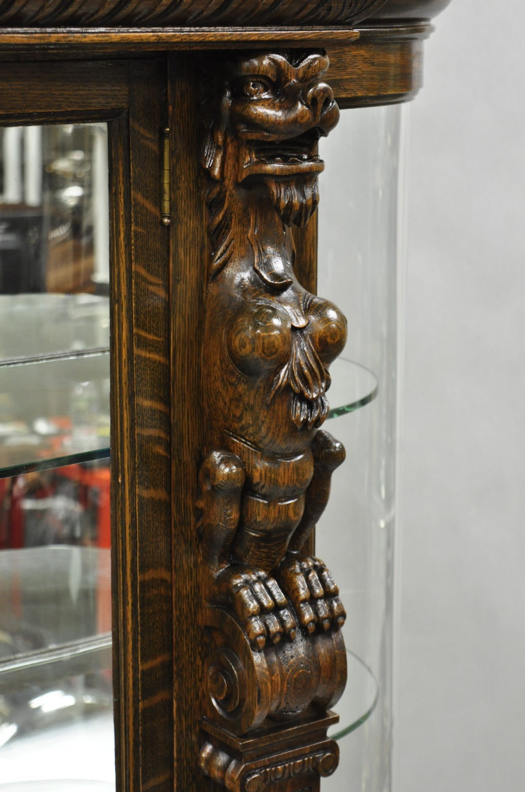 Antique American Empire Tiger Oak Curved Glass China Cabinet w/ Carved Griffins