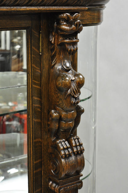 Antique American Empire Tiger Oak Curved Glass China Cabinet w/ Carved Griffins