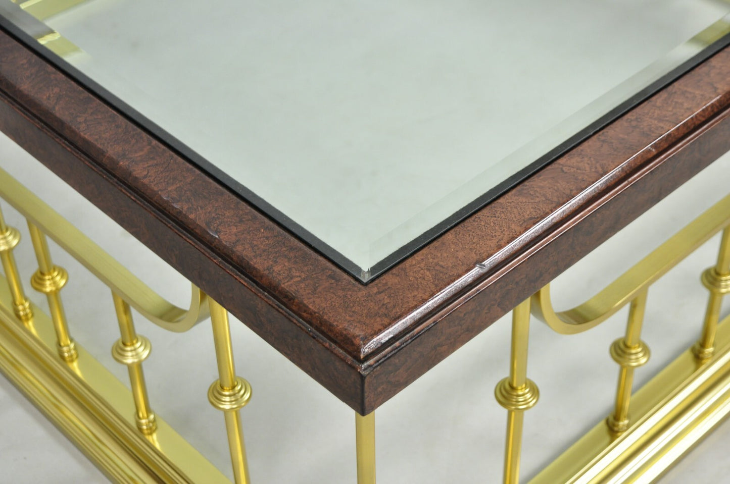 Vintage Erwin Lambeth Burl Walnut Brass Fireplace Fender 42" Square Coffee Table