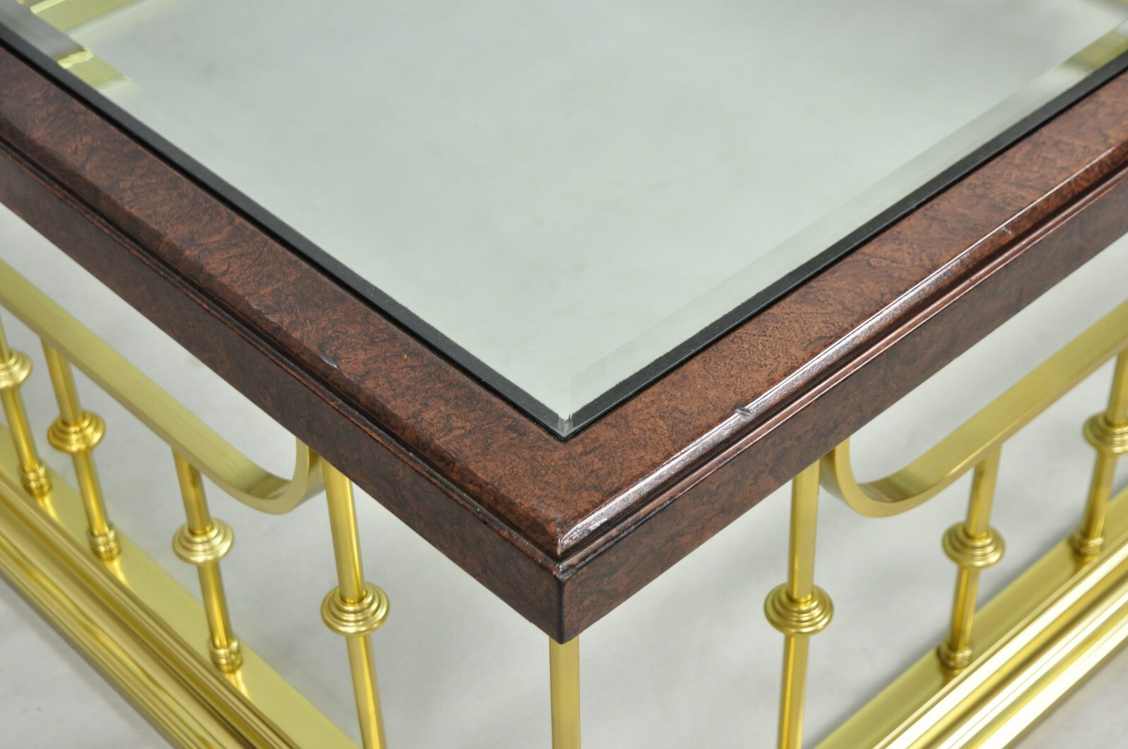 Vintage Erwin Lambeth Burl Walnut Brass Fireplace Fender 42" Square Coffee Table