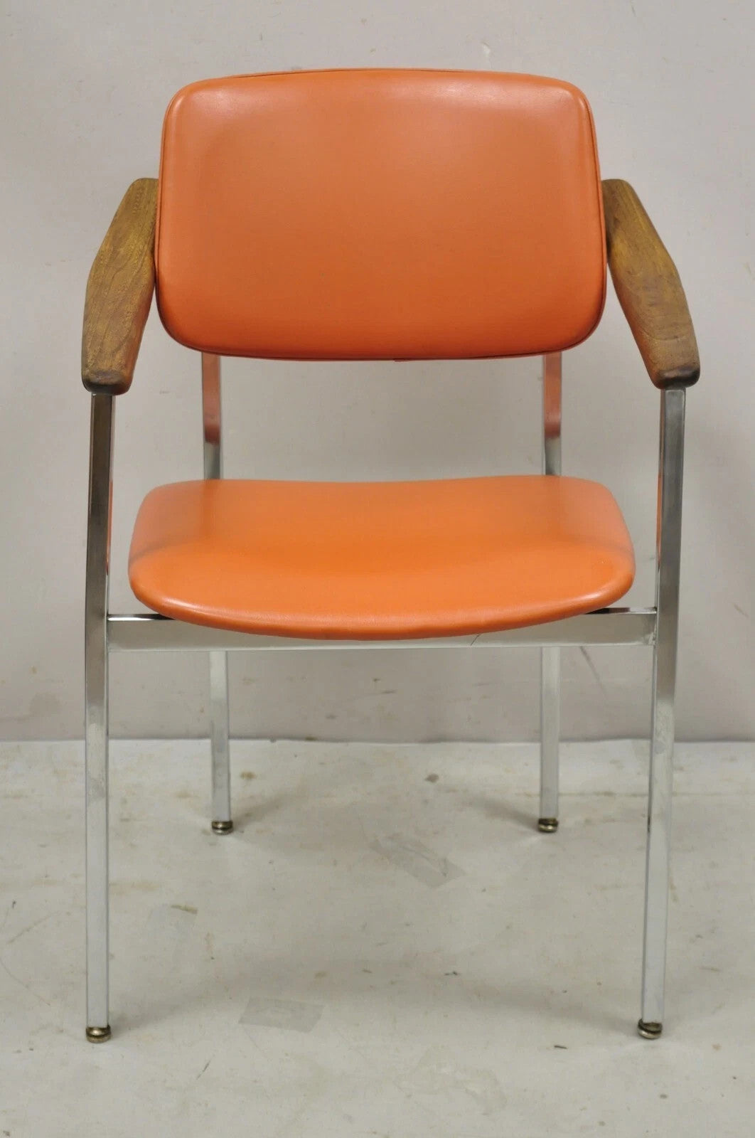 Vintage Mid Century Modern Orange Chrome Frame Sloped Wood Arm Side Desk Chair