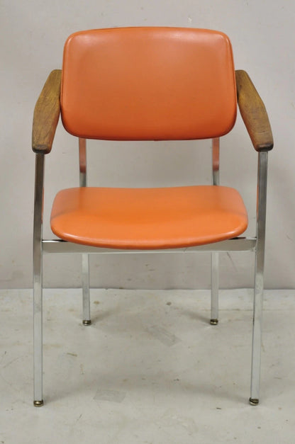 Vintage Mid Century Modern Orange Chrome Frame Sloped Wood Arm Side Desk Chair