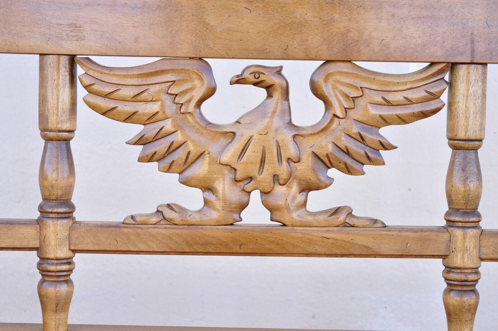 Vintage Cushman Maple Wood Settee Bench Carved Eagle Back Deacons Bench