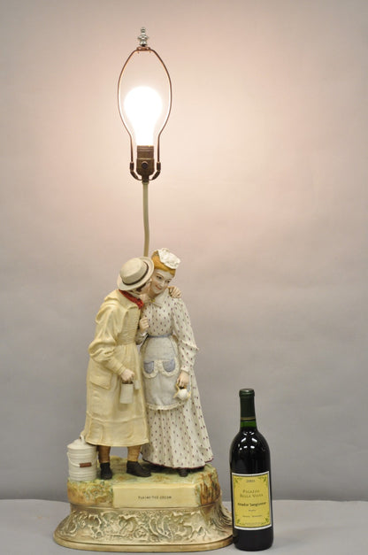 Antique Large Victorian Bisque "Taking The Cream" Porcelain Figure Table Lamp