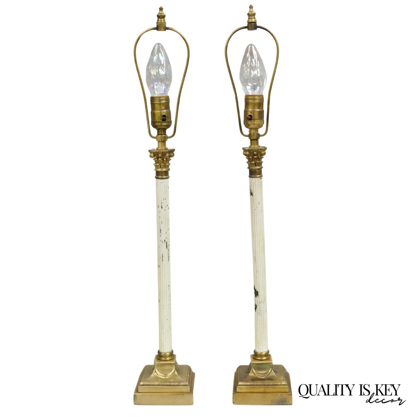 French Empire Neoclassical Small Thin Brass Candlestick Column Table Lamp a Pair
