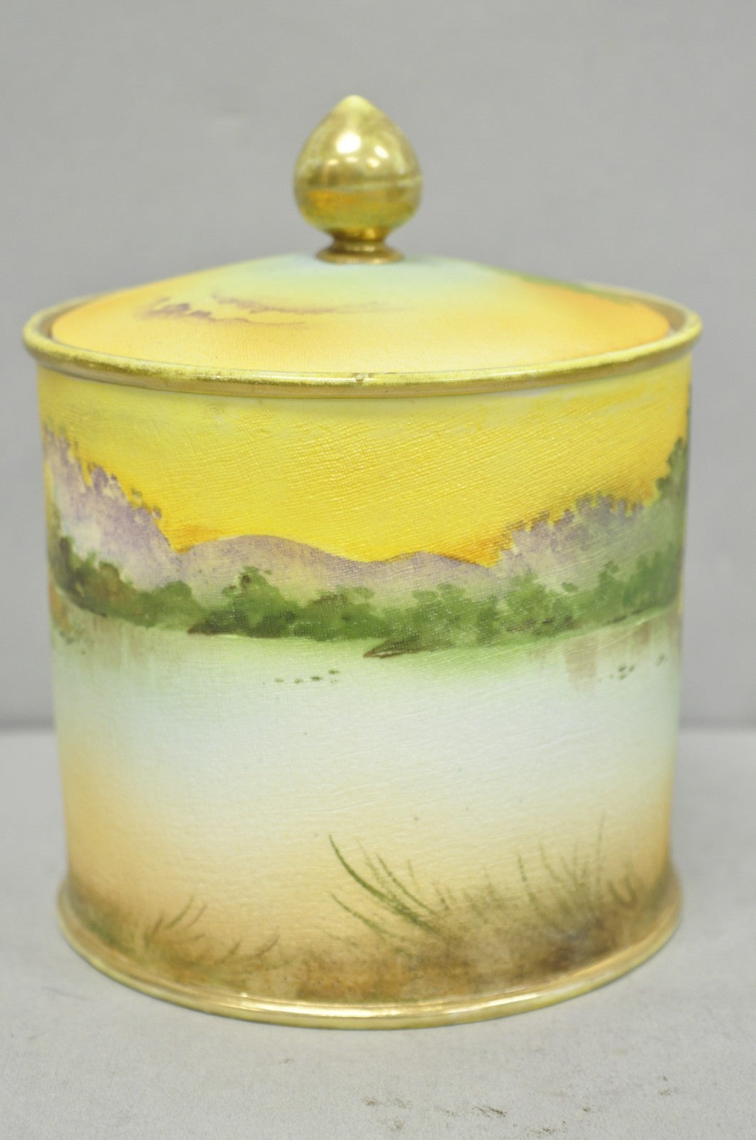Antique Nippon Hand Painted Coralene Porcelain Lake Duck Scene Biscuit Jar