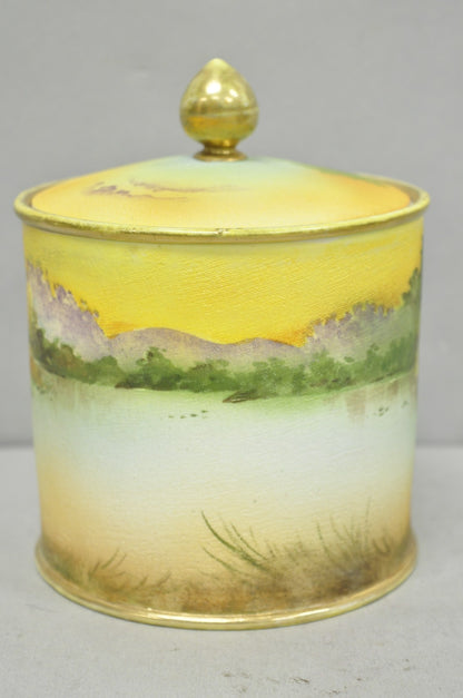 Antique Nippon Hand Painted Coralene Porcelain Lake Duck Scene Biscuit Jar