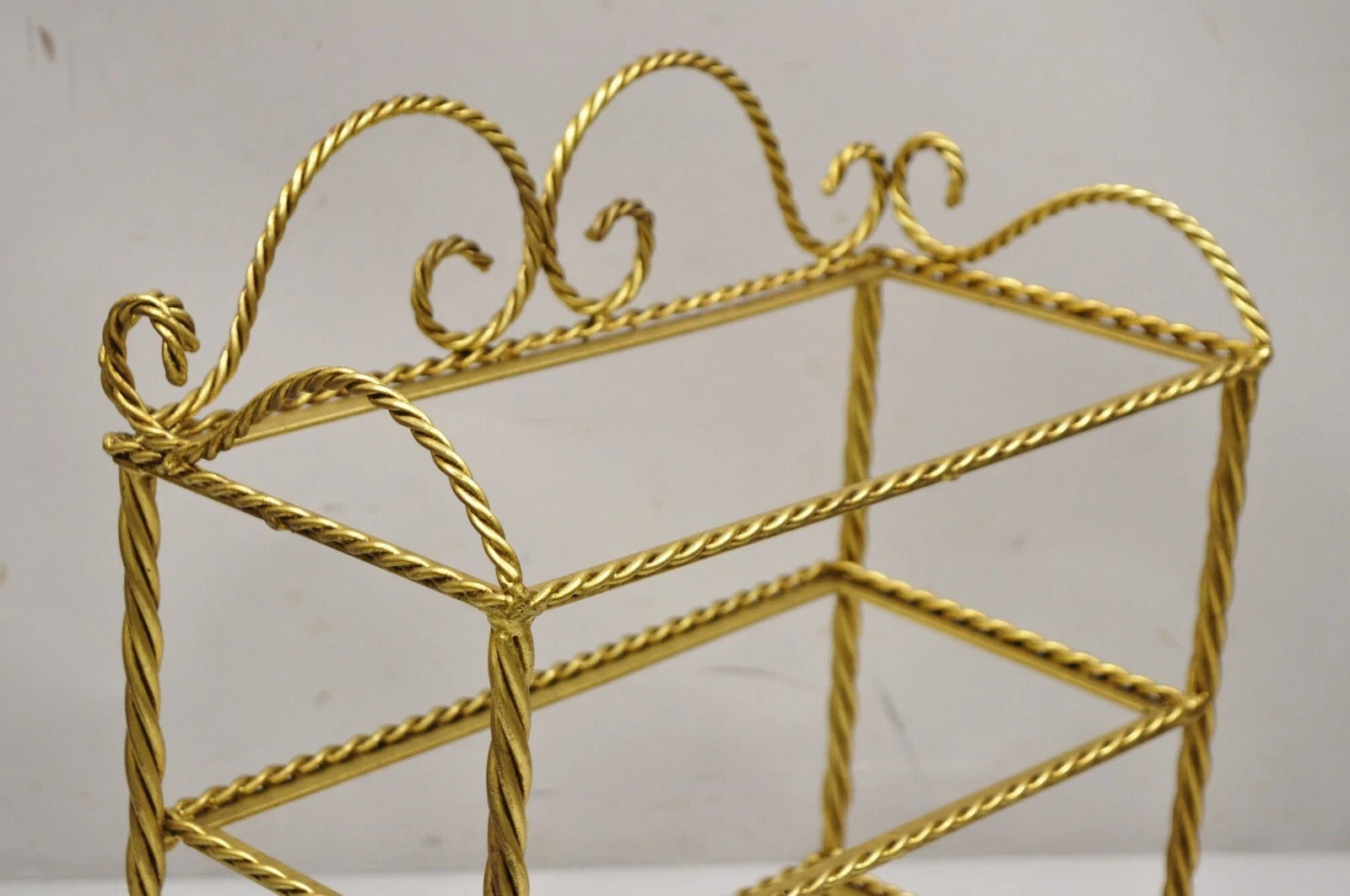 Italian Hollywood Regency Gold Gilt Iron 3 Tier Shelf Small Display Stand (A)