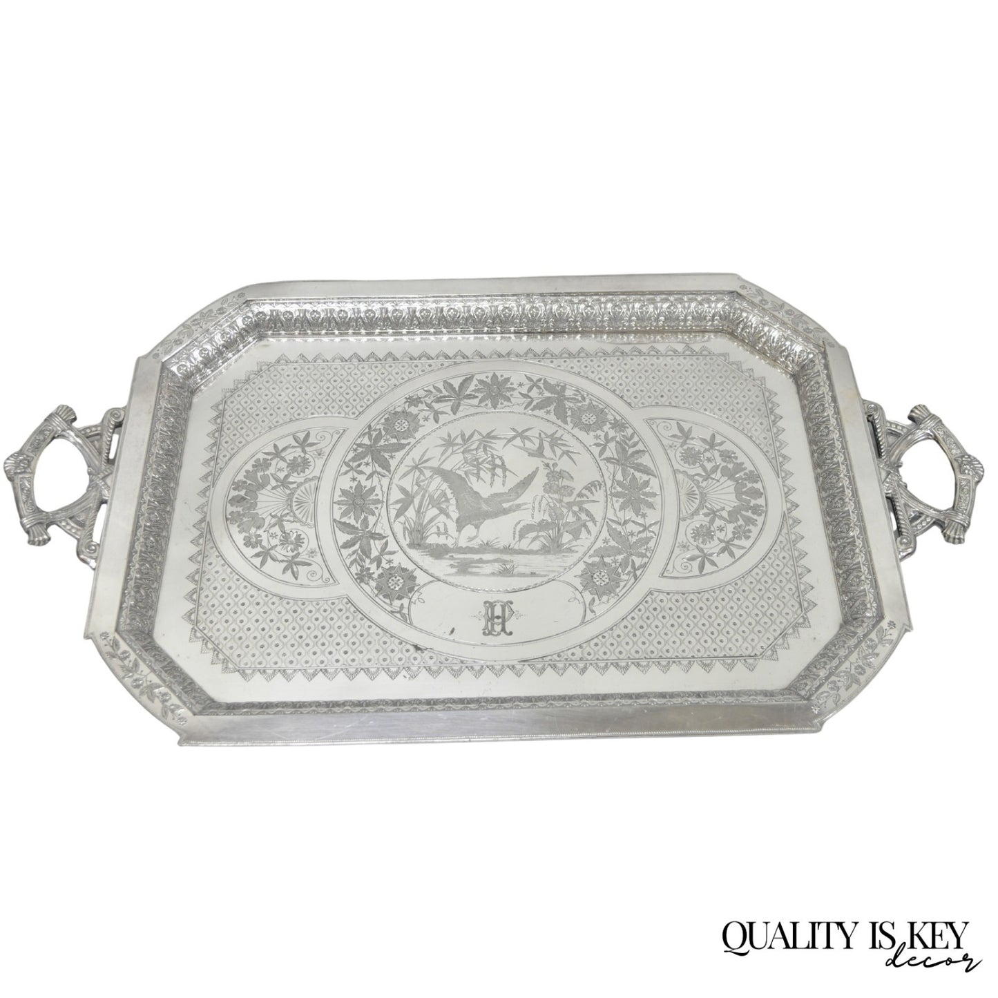Antique Rogers Smith & Co Art Nouveau Large Silver Plated Crane Bird Etched Tray