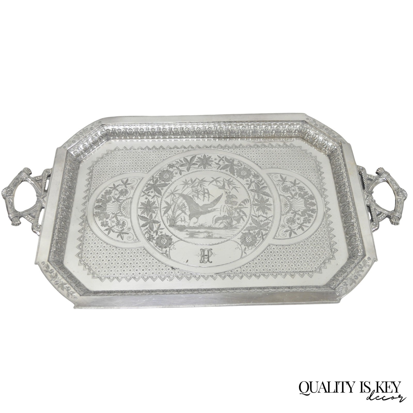 Antique Rogers Smith & Co Art Nouveau Large Silver Plated Crane Bird Etched Tray