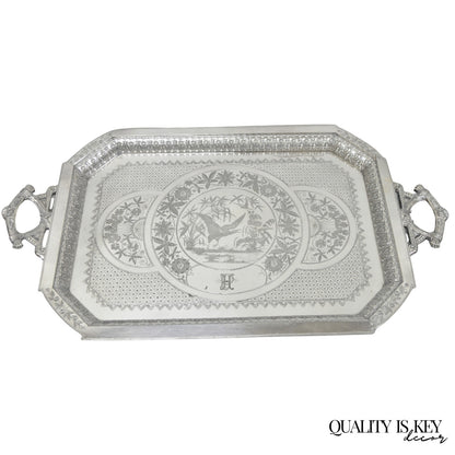 Antique Rogers Smith & Co Art Nouveau Large Silver Plated Crane Bird Etched Tray