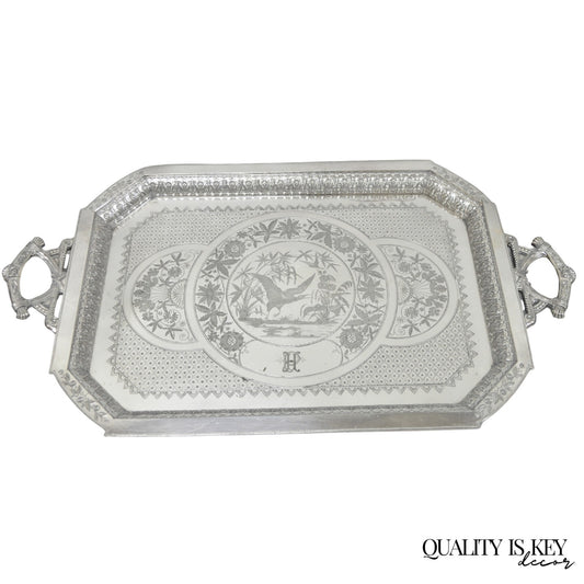 Antique Rogers Smith & Co Art Nouveau Large Silver Plated Crane Bird Etched Tray