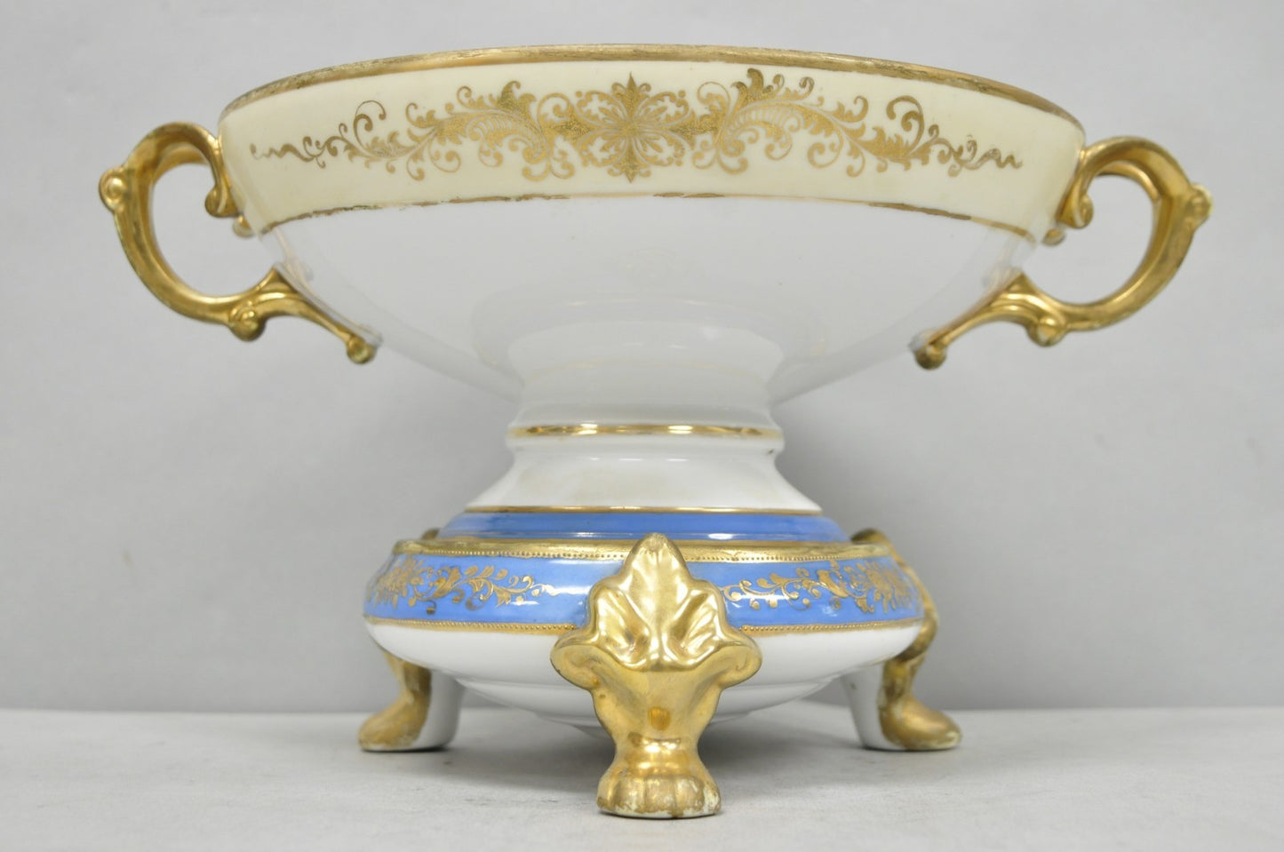 Nippon Hand Painted Porcelain Blue Centerpiece Compote Bowl w/ Cottage & Geese