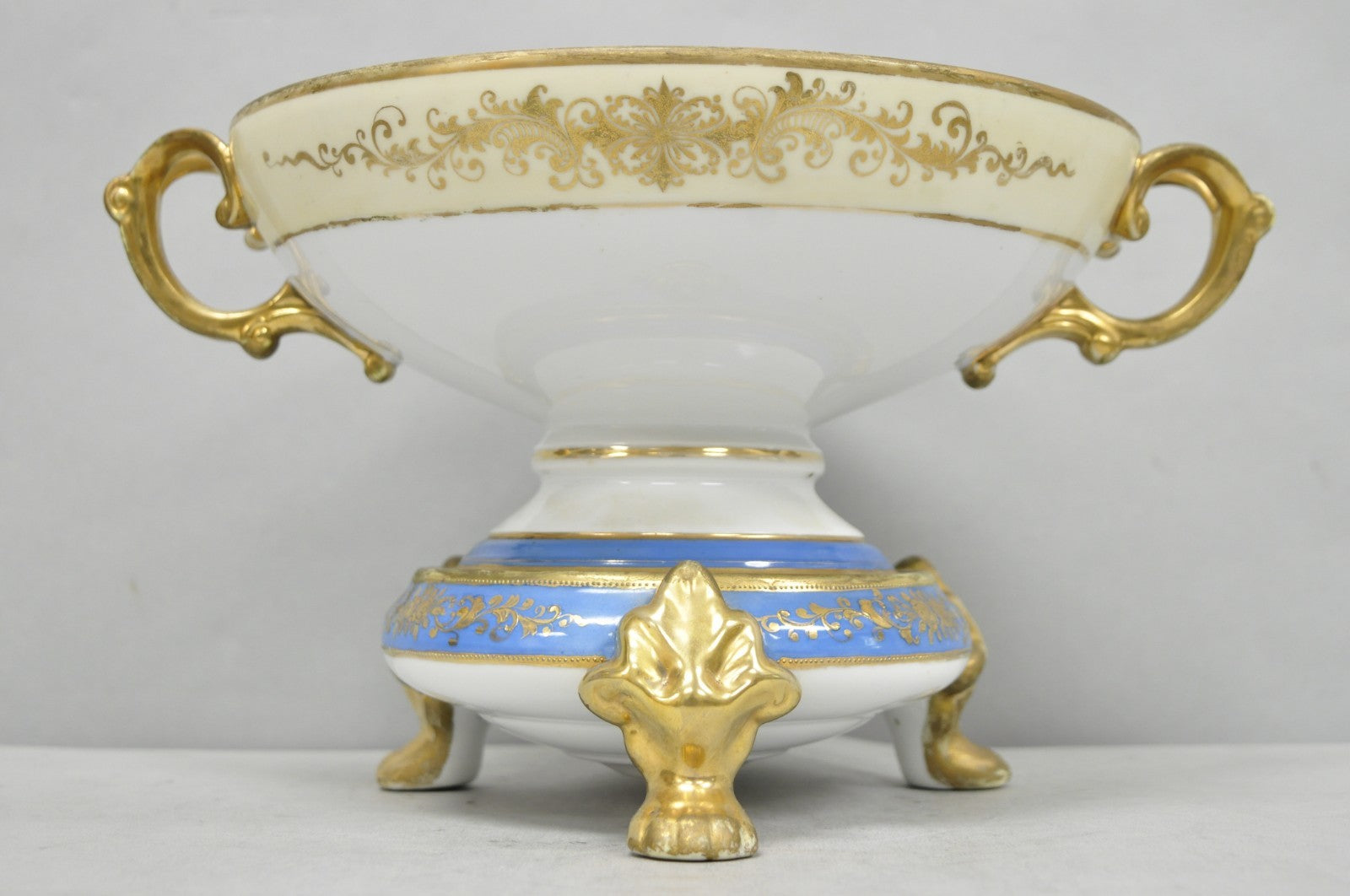 Nippon Hand Painted Porcelain Blue Centerpiece Compote Bowl w/ Cottage & Geese