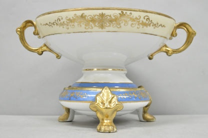 Nippon Hand Painted Porcelain Blue Centerpiece Compote Bowl w/ Cottage & Geese