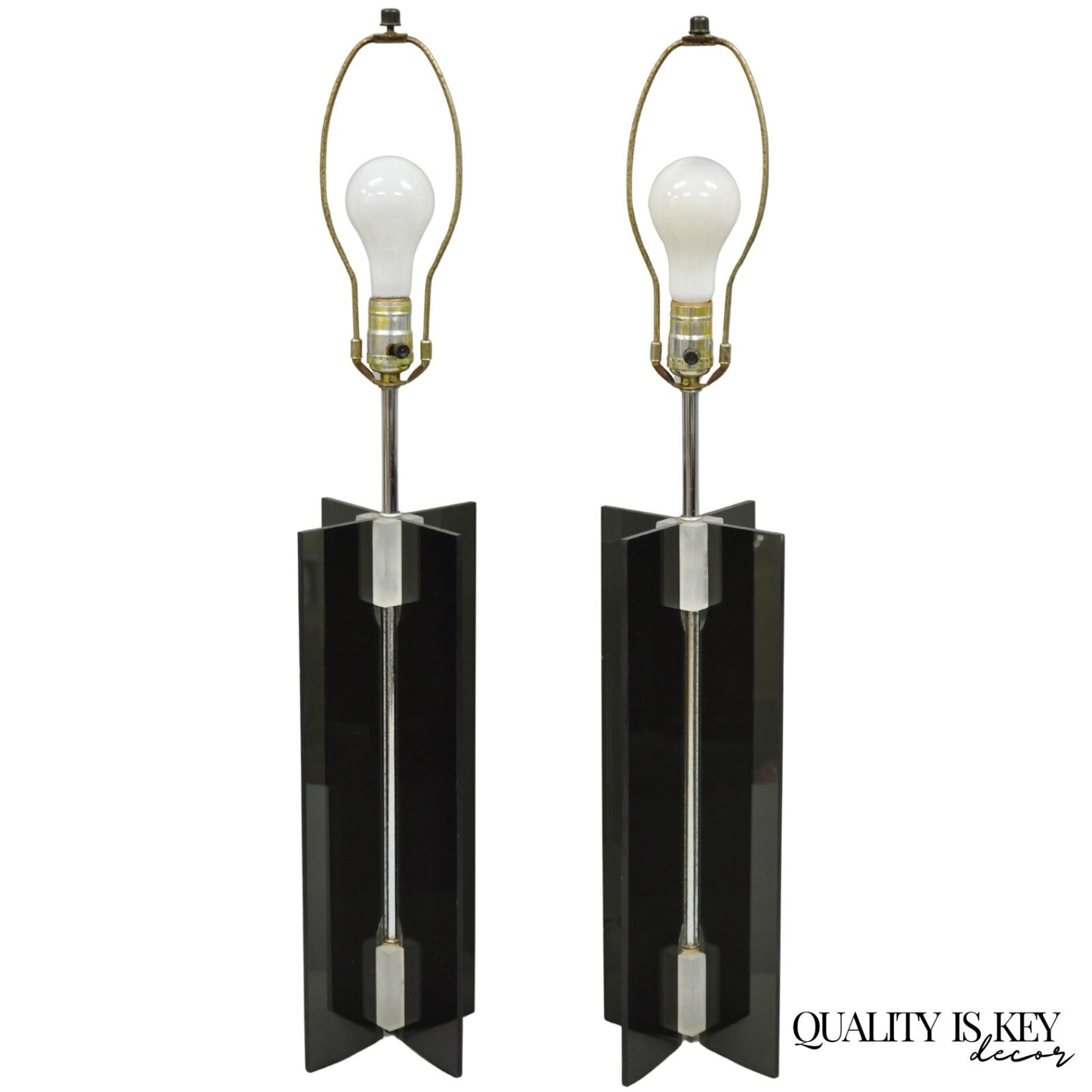 Vintage Mid Century Modern Smoked Lucite X-Base Chrome Table Lamps - a Pair