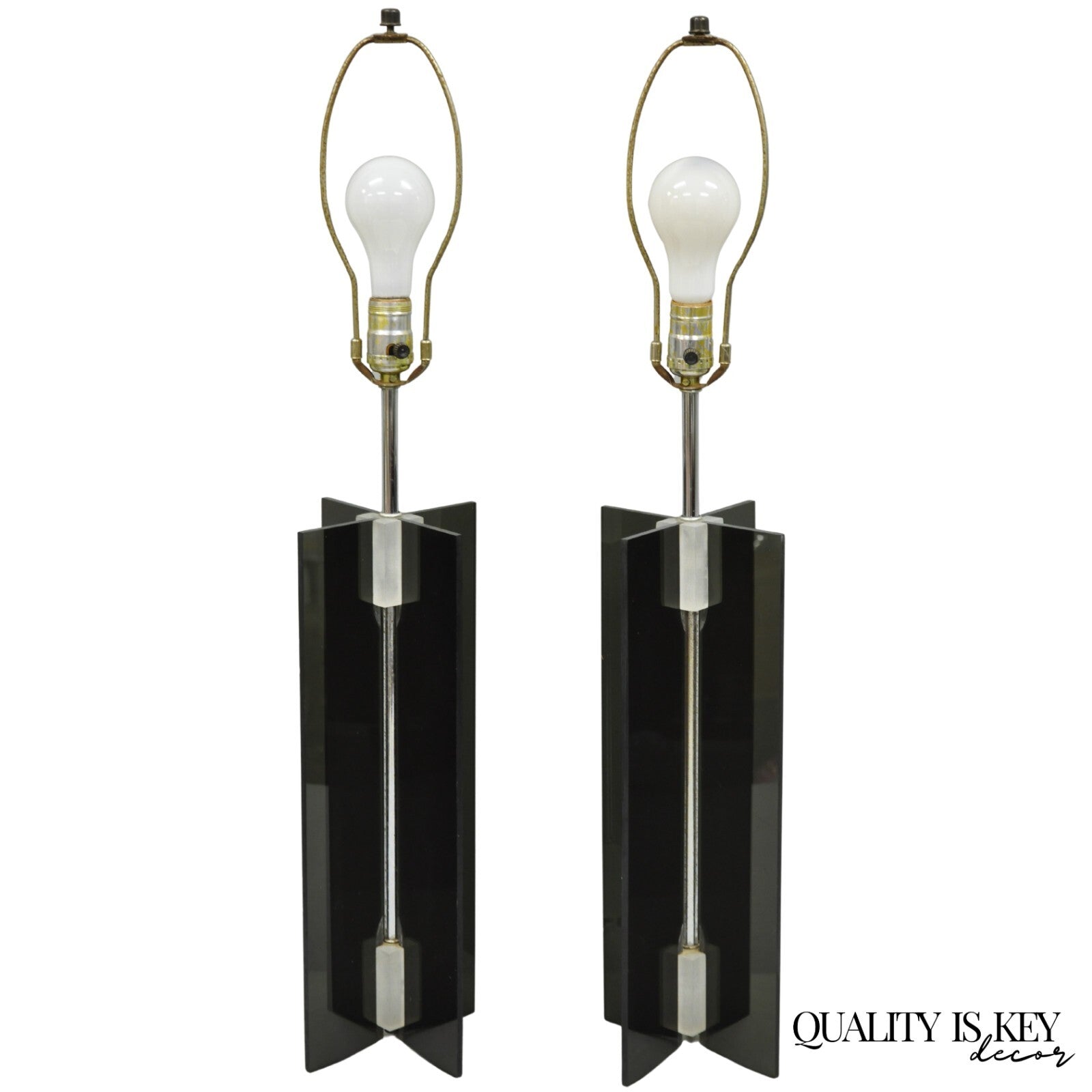 Vintage Mid Century Modern Smoked Lucite X-Base Chrome Table Lamps - a Pair