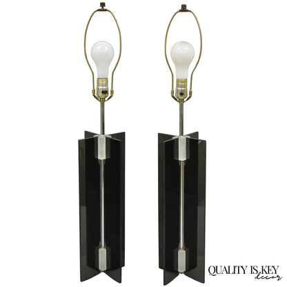 Vintage Mid Century Modern Smoked Lucite X-Base Chrome Table Lamps - a Pair