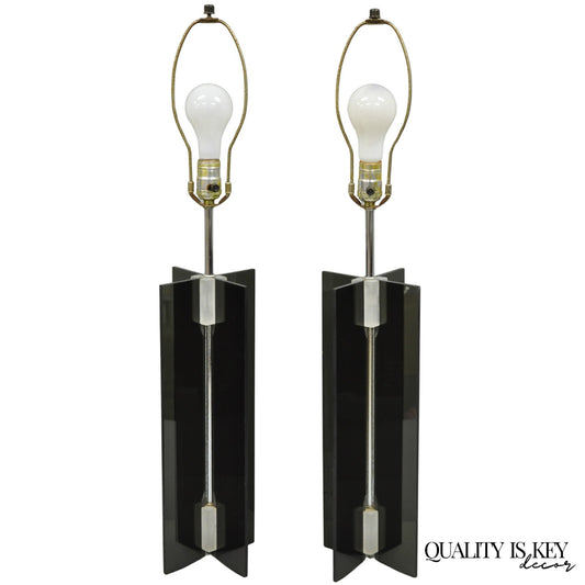 Vintage Mid Century Modern Smoked Lucite X-Base Chrome Table Lamps - a Pair
