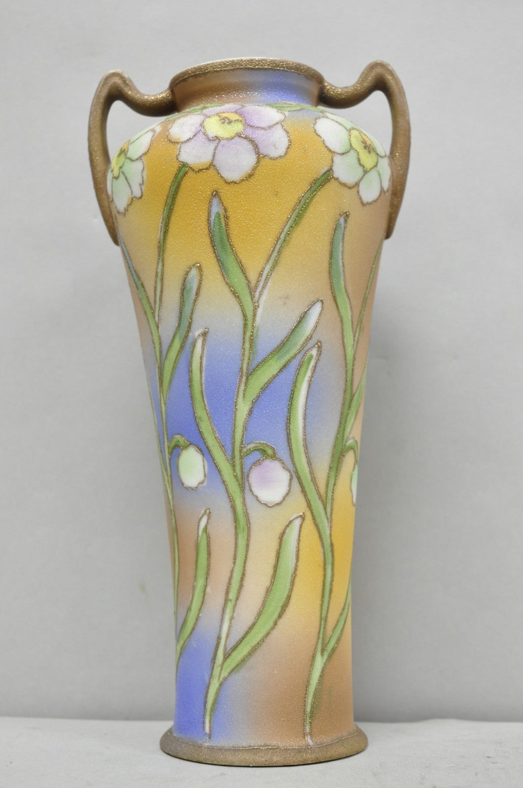 Nippon Coralene Decorated Royal Kinjo Japan Hand Painted Porcelain Handled Vase