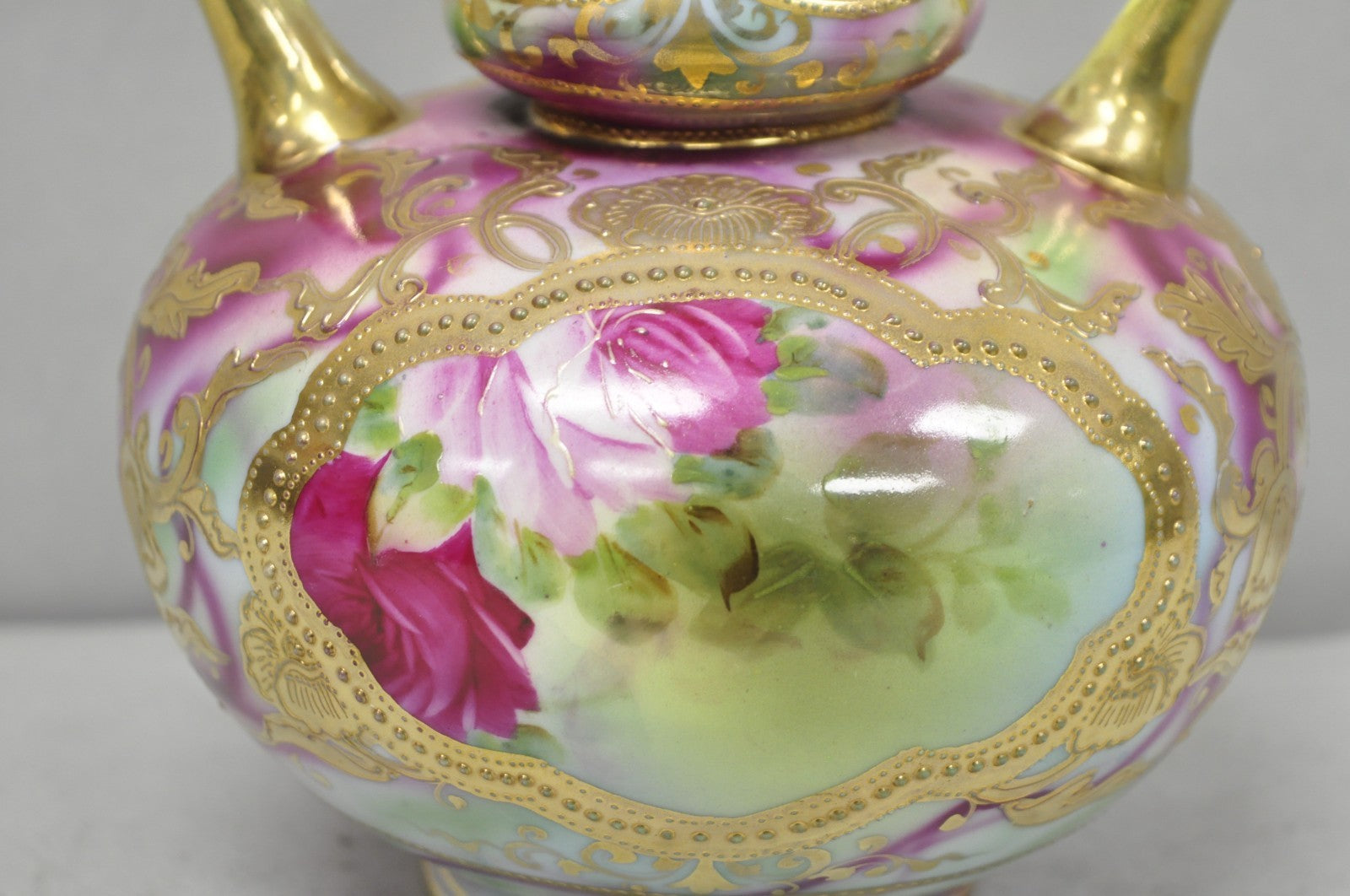 Antique Austrian Hand Painted Moriage Porcelain Double Swung Handle Bulbous Vase